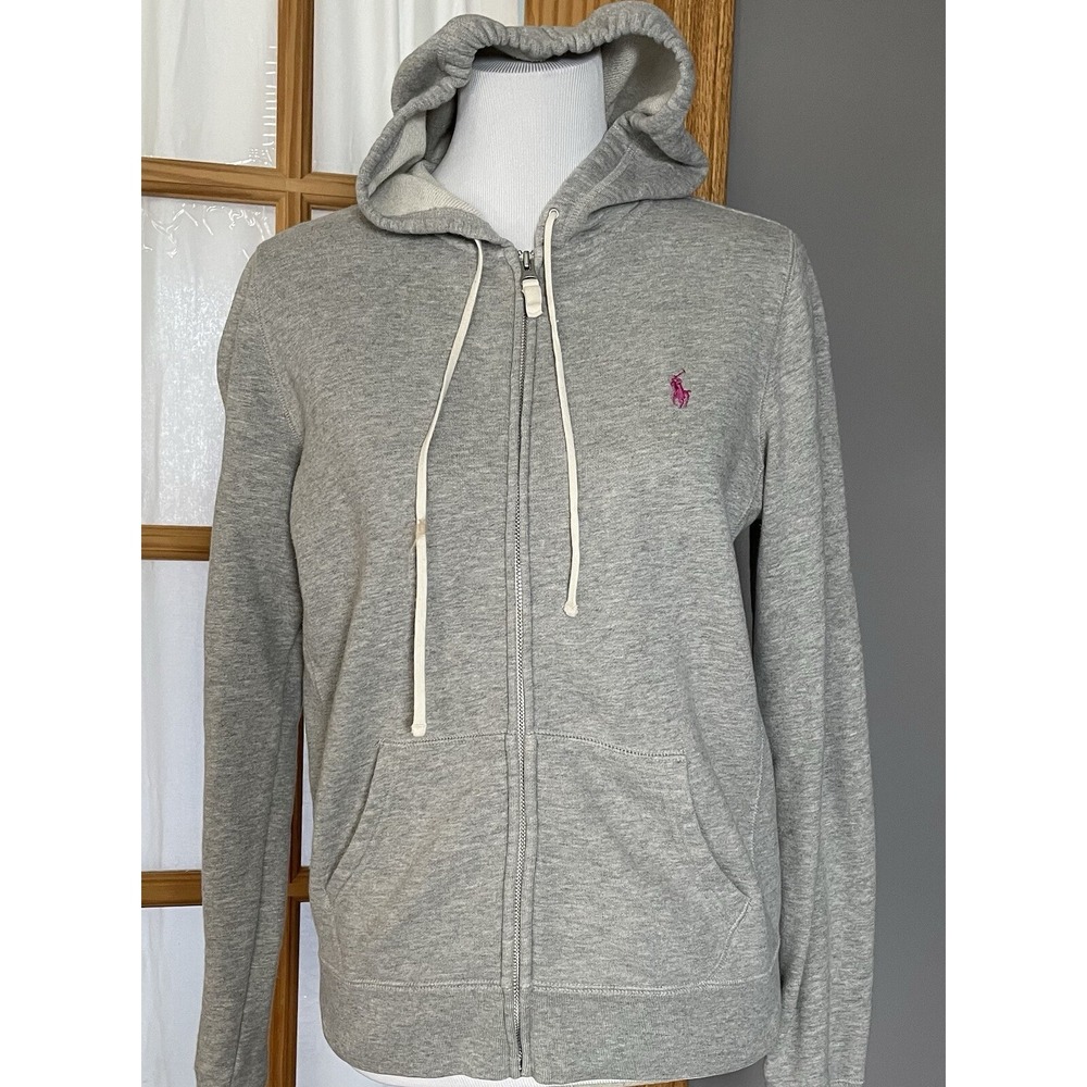 RL Sports Hooded Jacket Womens Sz L Full Zip Gray Pink Pony Classic City